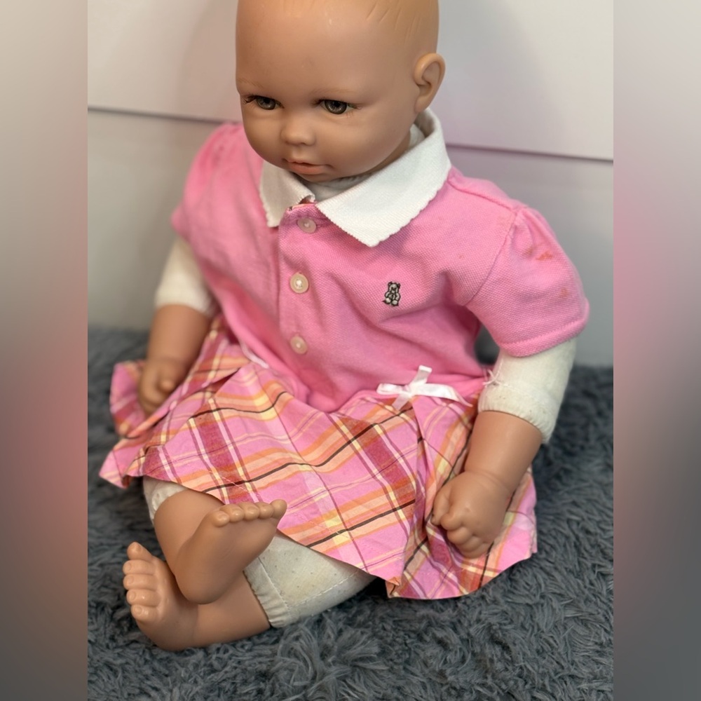 George Baby Girl Dress 0–3M Pink Plaid Snap Bottom Onesie White Bows Collar